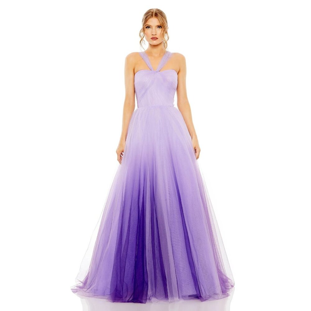 NWT $598 MAC DUGGAL PURPLE OMBRE CROSS STRAP FRONT TULLE GOWN STYLE 20553 SZ 14